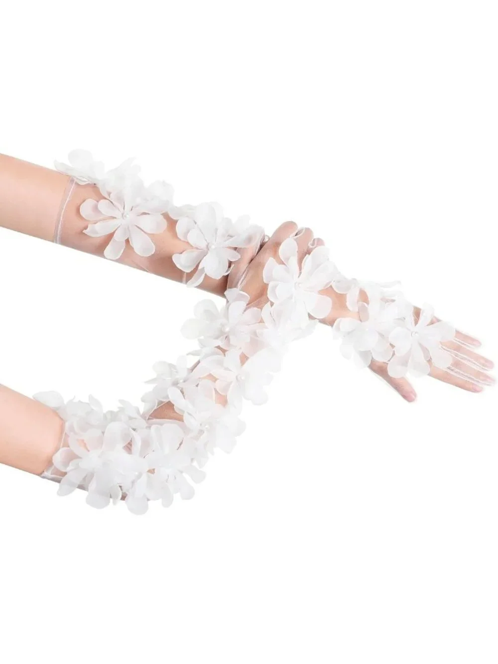 Elegant Long Tulle Mesh Gloves for Women | 3D Floral Tea Party Accessories